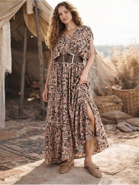 #315 Easel Tan and Black Patterned Maxi Dress